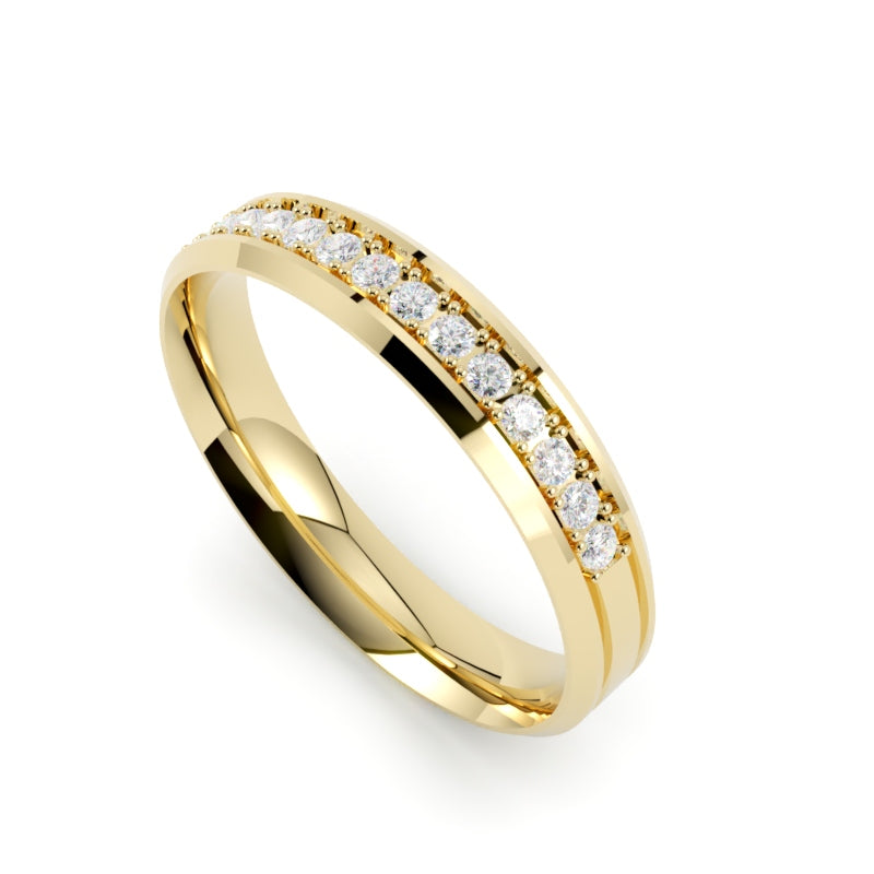 Obrączka ślubna z diamentami , złoto żółte 750, profil płaski fazowany 3,50 mm, soczewkowa, GOLDPORT